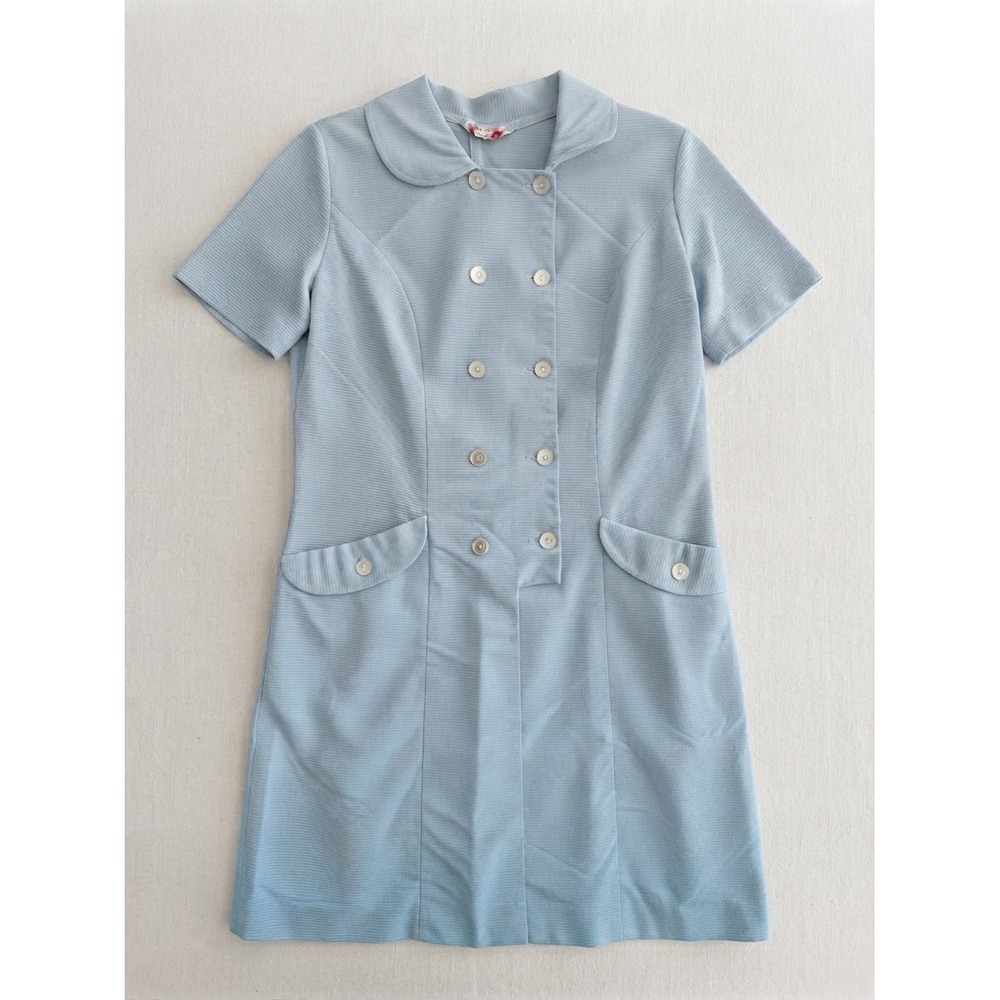 Vintage 1970s Mister Trio Uniforms Blue Double Breasted Waitress Uniform Dress